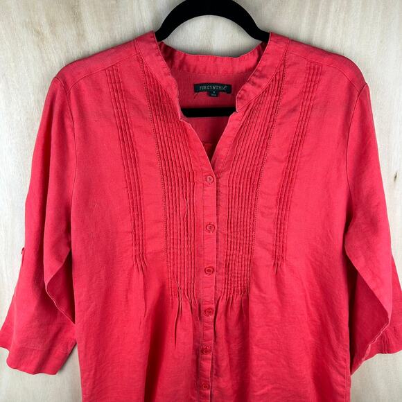 For Cynthia Coral‎ 100% Linen Button Down Blouse (M) - Picture 3 of 5